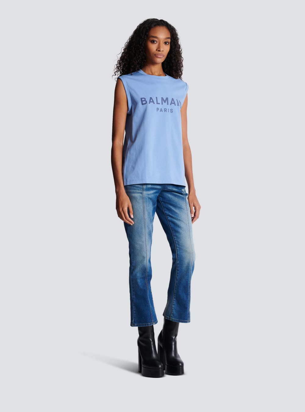 Women's Balmain Logo Printed Tank Tops Blue | USA 1GKrrUYt