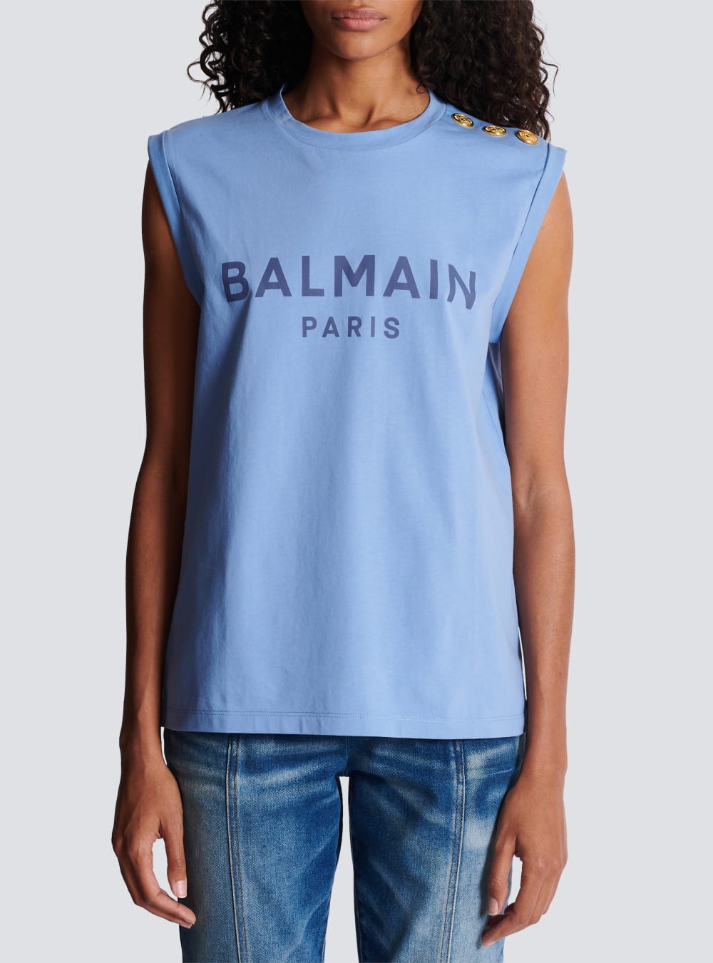 Women's Balmain Logo Printed Tank Tops Blue | USA 1GKrrUYt