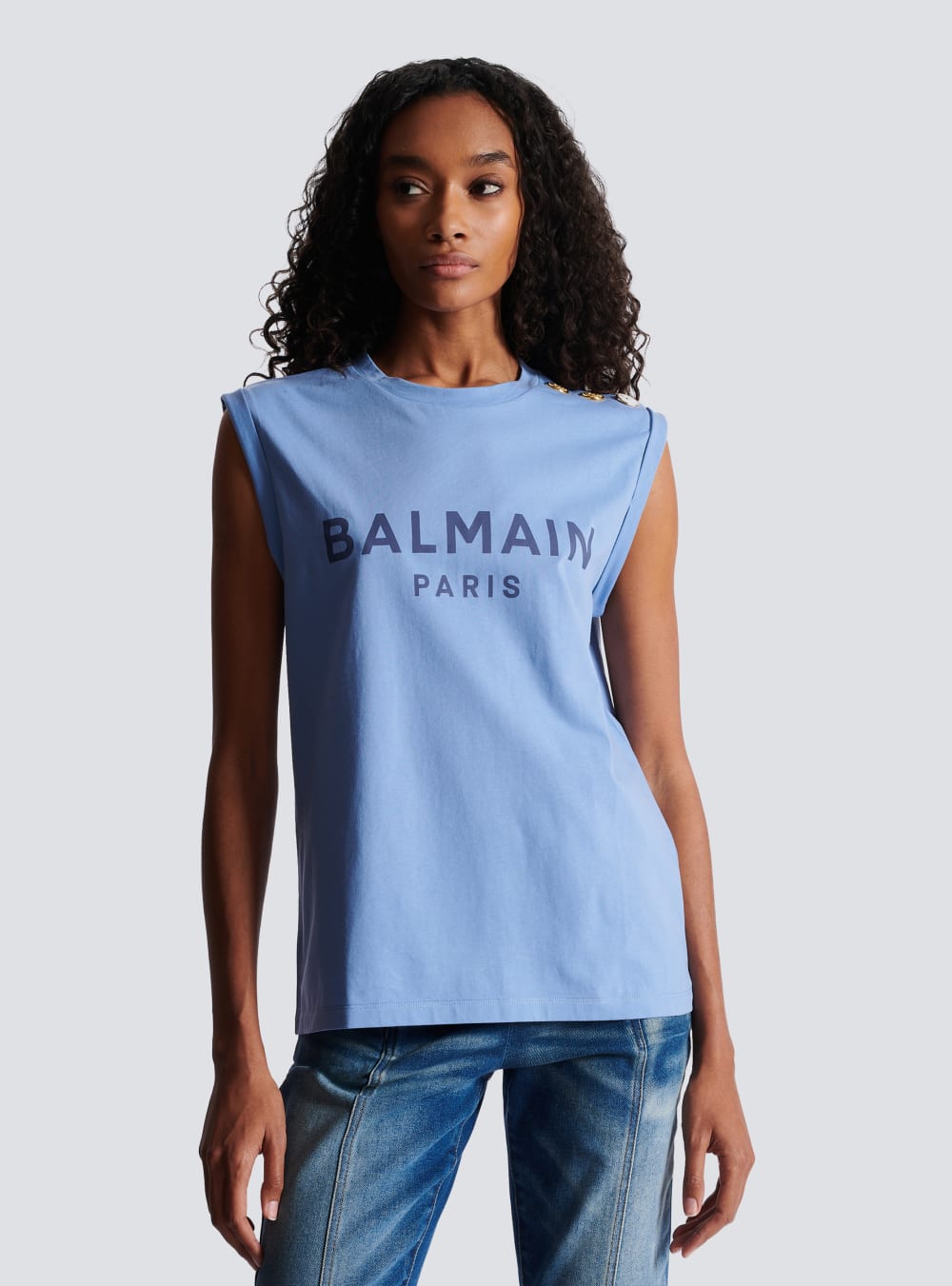 Women's Balmain Logo Printed Tank Tops Blue | USA 1GKrrUYt