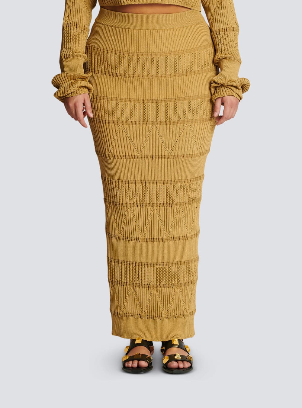 Women's Balmain Long Jacquard Knit Skirts Brown | USA YYWSktQJ