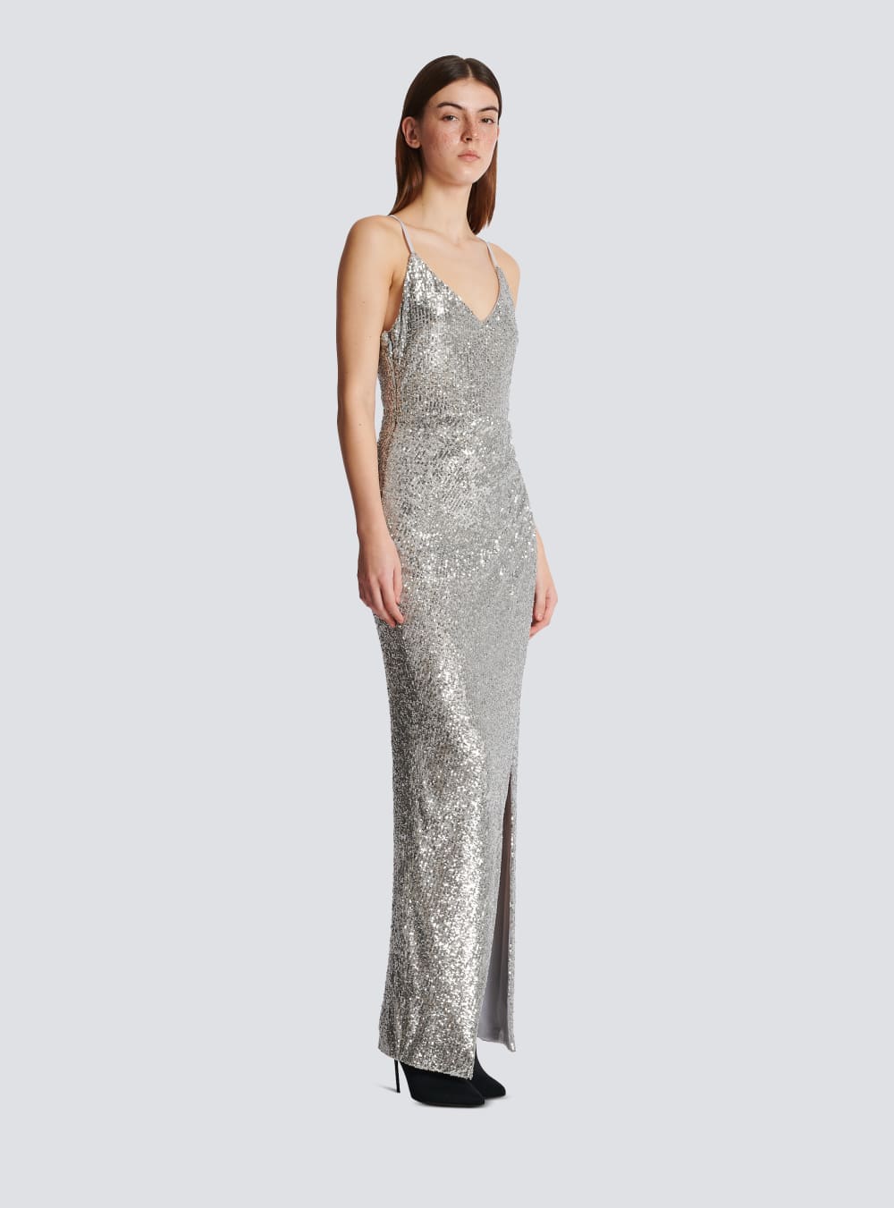 Women's Balmain Long Sequinned Dress Silver | USA 9BWz9HOs