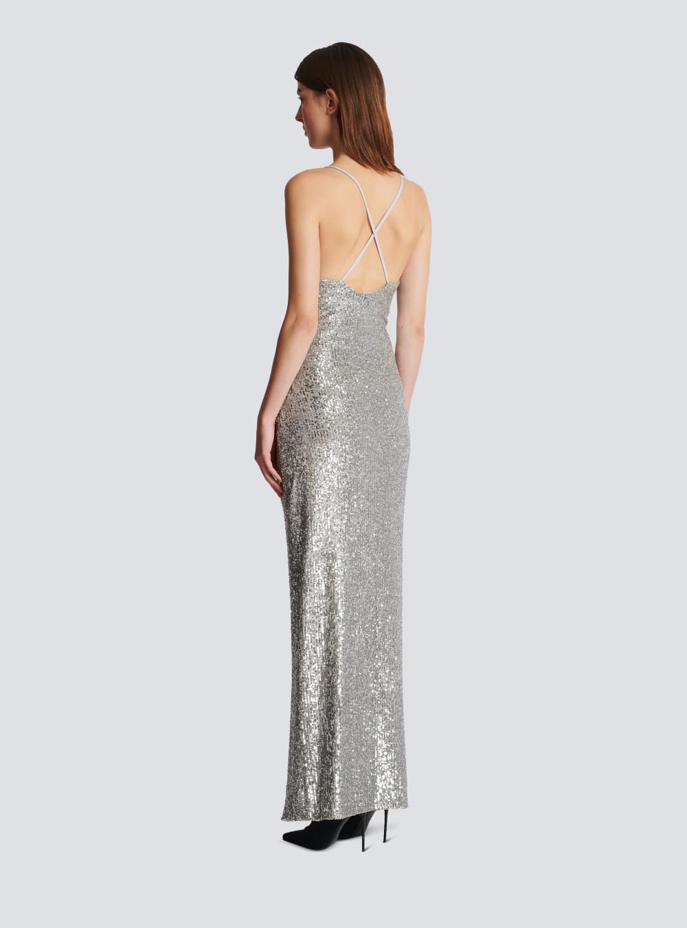 Women's Balmain Long Sequinned Dress Silver | USA 9BWz9HOs