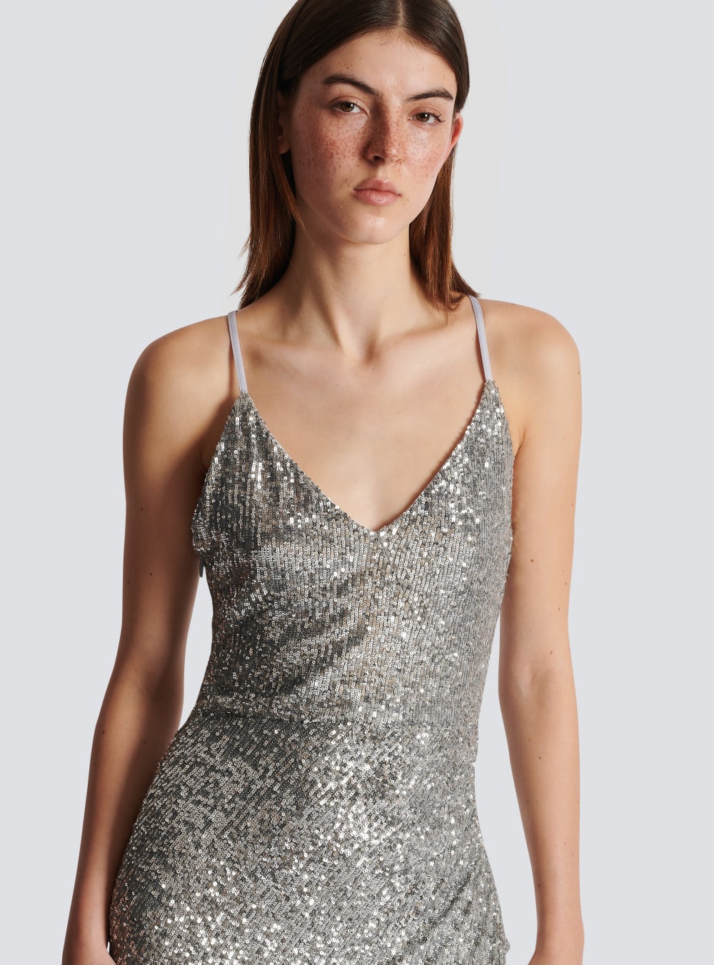 Women's Balmain Long Sequinned Dress Silver | USA 9BWz9HOs