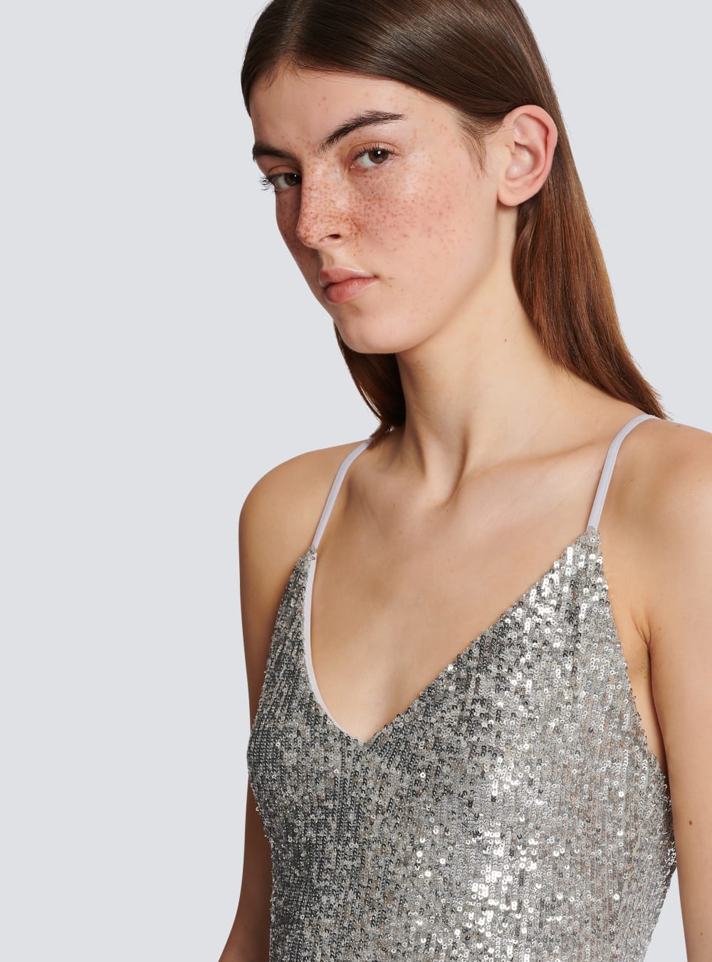 Women's Balmain Long Sequinned Dress Silver | USA 9BWz9HOs