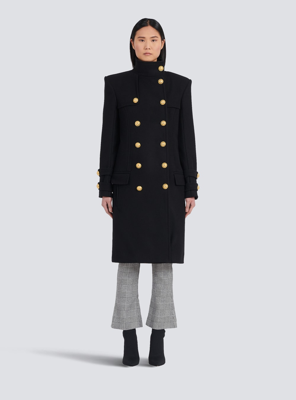 Women's Balmain Long Wool And Cashmere With Double-breasted Gold-tone Buttoned Fastening Jackets Black | USA SYMuvImk