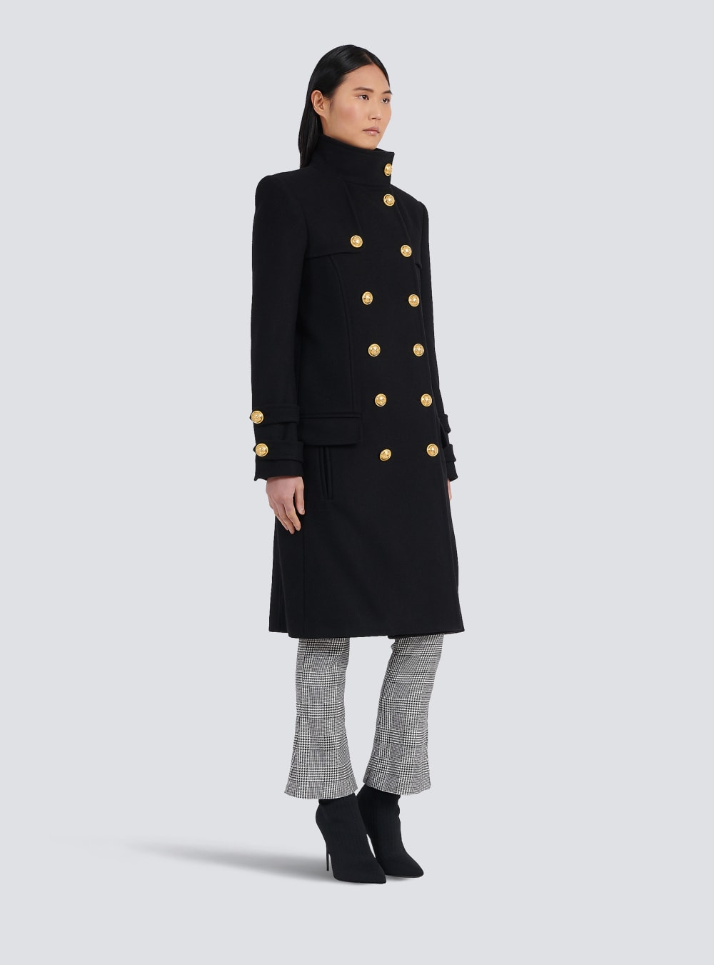 Women's Balmain Long Wool And Cashmere With Double-breasted Gold-tone Buttoned Fastening Jackets Black | USA SYMuvImk