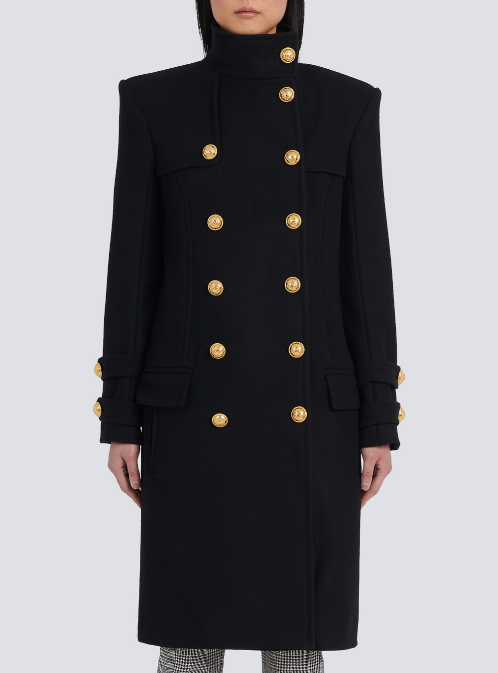 Women's Balmain Long Wool And Cashmere With Double-breasted Gold-tone Buttoned Fastening Jackets Black | USA SYMuvImk