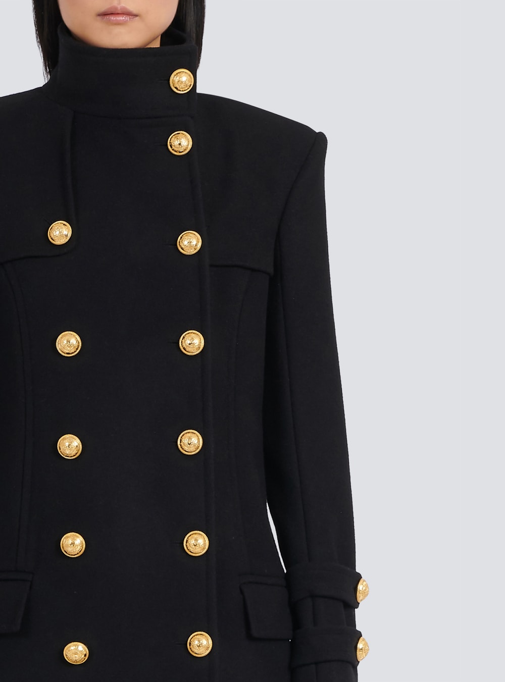 Women's Balmain Long Wool And Cashmere With Double-breasted Gold-tone Buttoned Fastening Jackets Black | USA SYMuvImk