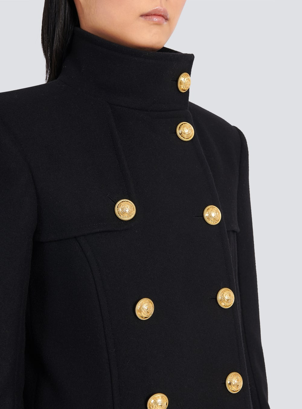 Women's Balmain Long Wool And Cashmere With Double-breasted Gold-tone Buttoned Fastening Jackets Black | USA SYMuvImk