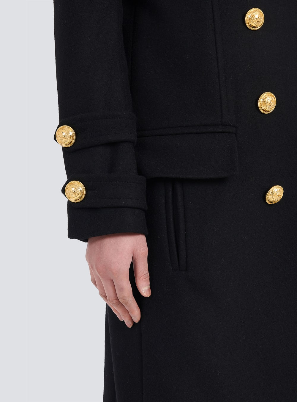 Women's Balmain Long Wool And Cashmere With Double-breasted Gold-tone Buttoned Fastening Jackets Black | USA SYMuvImk