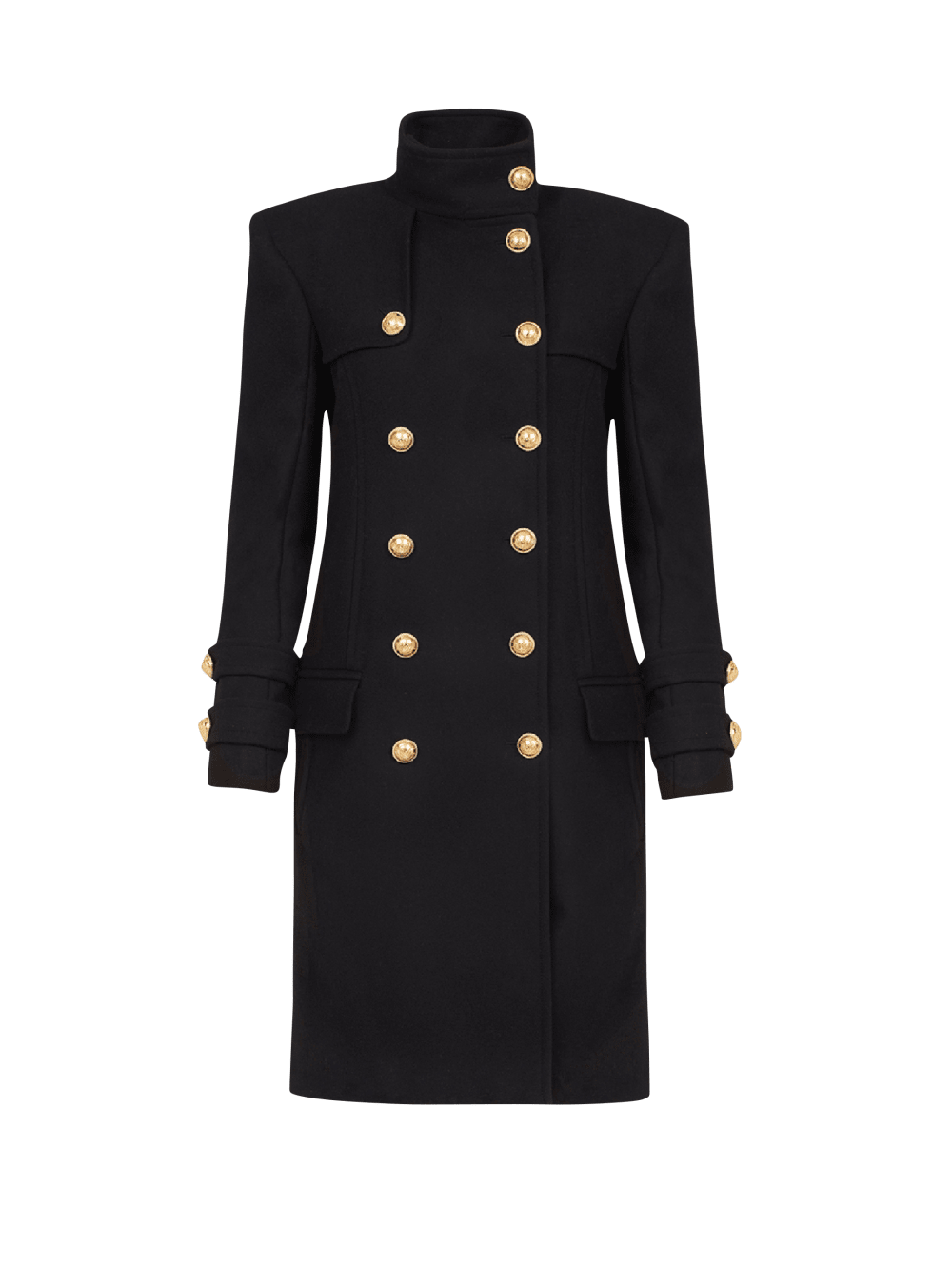 Women\'s Balmain Long Wool And Cashmere With Double-breasted Gold-tone Buttoned Fastening Jackets Black | USA SYMuvImk