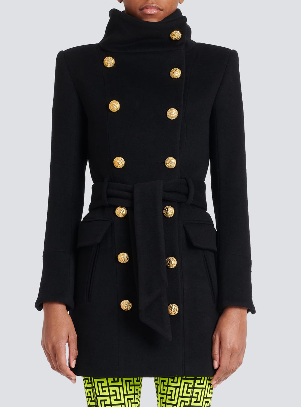 Women's Balmain Long Wool With Double-breasted Gold-tone Buttoned Fastening Jackets Black | USA vQUZioVR