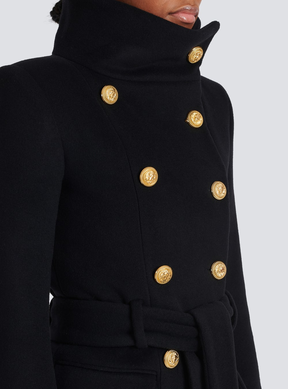 Women's Balmain Long Wool With Double-breasted Gold-tone Buttoned Fastening Jackets Black | USA vQUZioVR