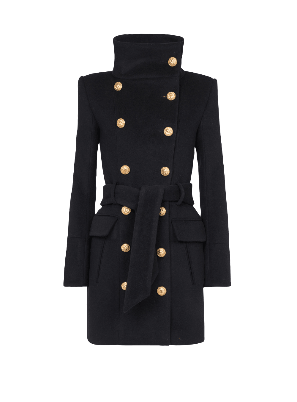 Women\'s Balmain Long Wool With Double-breasted Gold-tone Buttoned Fastening Jackets Black | USA vQUZioVR