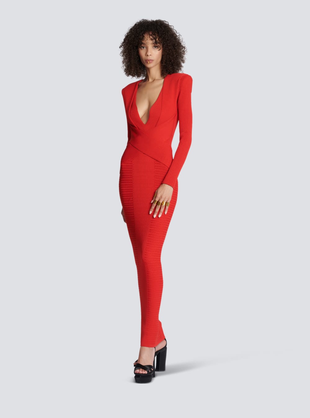 Women's Balmain Longcon Knit Dress Red | USA 5x3z8Aor