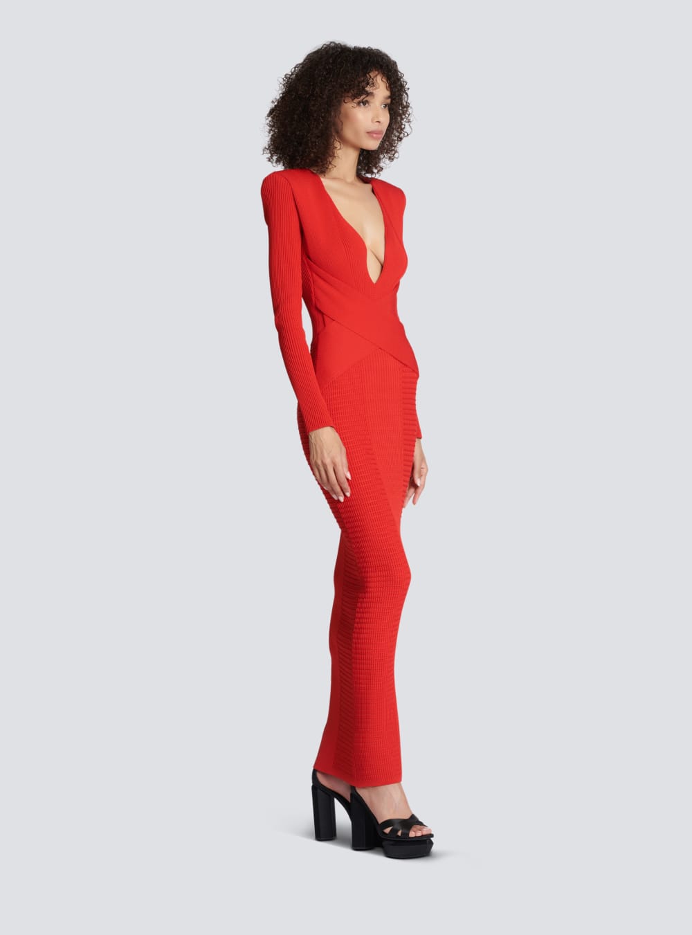 Women's Balmain Longcon Knit Dress Red | USA 5x3z8Aor