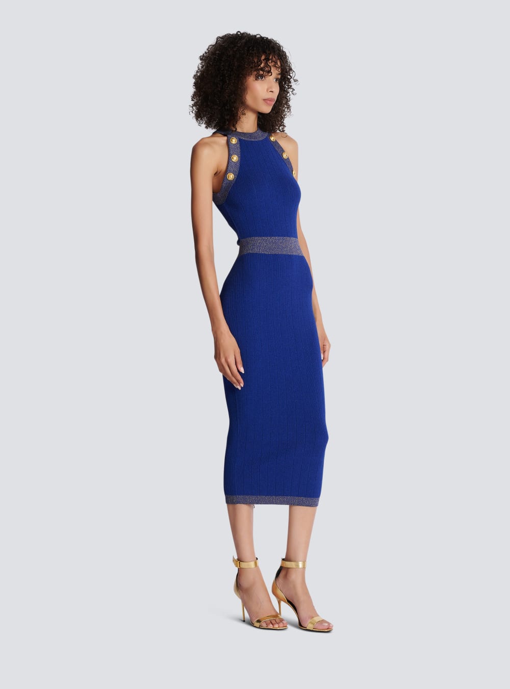 Women's Balmain Metallic Knit Midi Dress Blue | USA sCq8mJV2