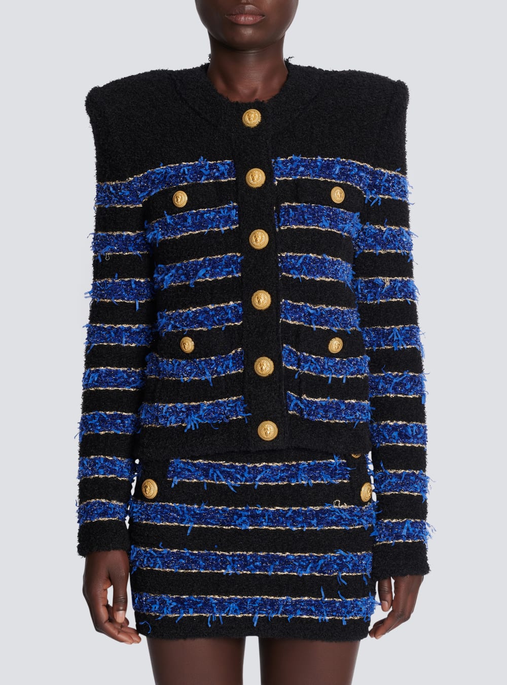 Women's Balmain Metallic Striped Tweed Jackets Blue | USA MLk3vUuR