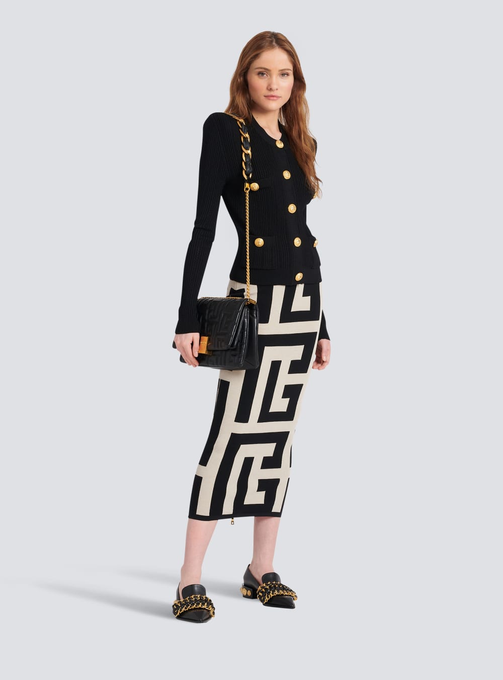 Women's Balmain Mid-length Knit With Maxi Monogram Print Skirts Black | USA VzlAgiR2