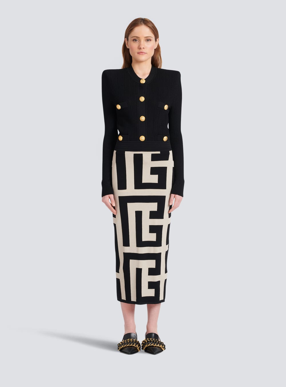 Women's Balmain Mid-length Knit With Maxi Monogram Print Skirts Black | USA VzlAgiR2