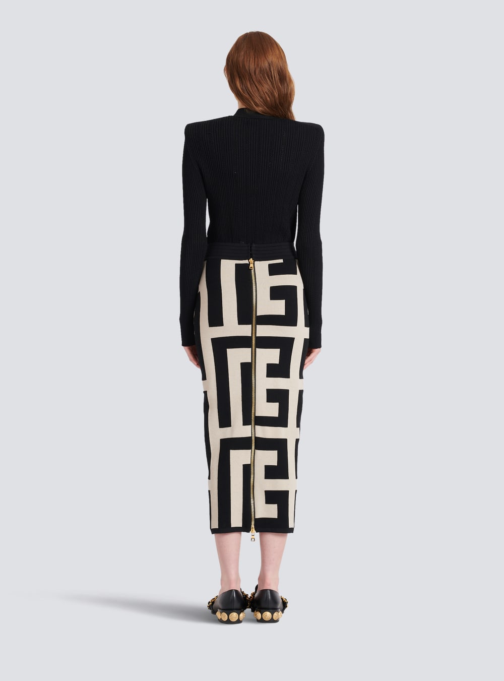 Women's Balmain Mid-length Knit With Maxi Monogram Print Skirts Black | USA VzlAgiR2