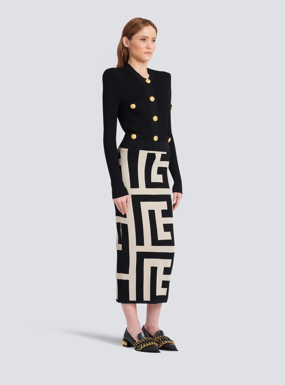 Women's Balmain Mid-length Knit With Maxi Monogram Print Skirts Black | USA VzlAgiR2