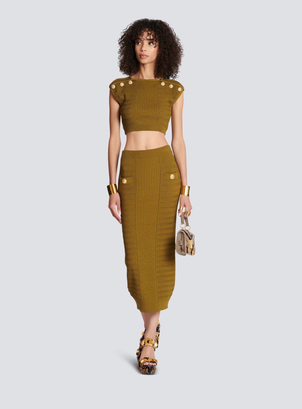 Women's Balmain Midi Knit Skirts Khaki | USA ZrNWPLzN