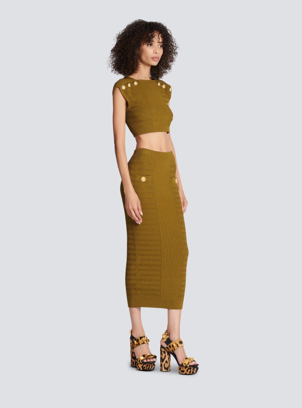 Women's Balmain Midi Knit Skirts Khaki | USA ZrNWPLzN