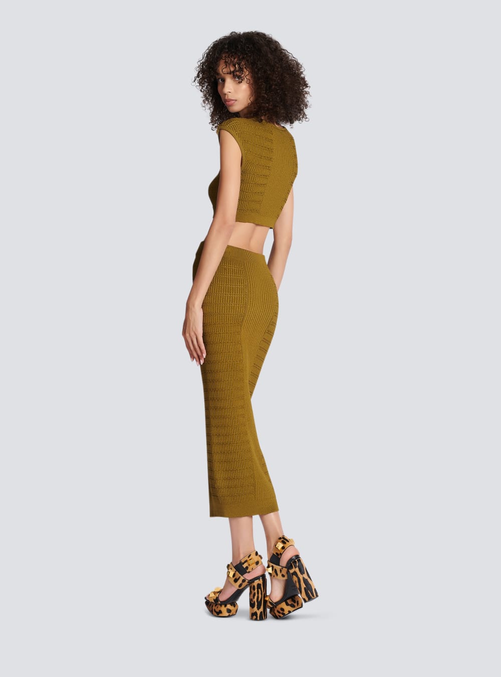 Women's Balmain Midi Knit Skirts Khaki | USA ZrNWPLzN