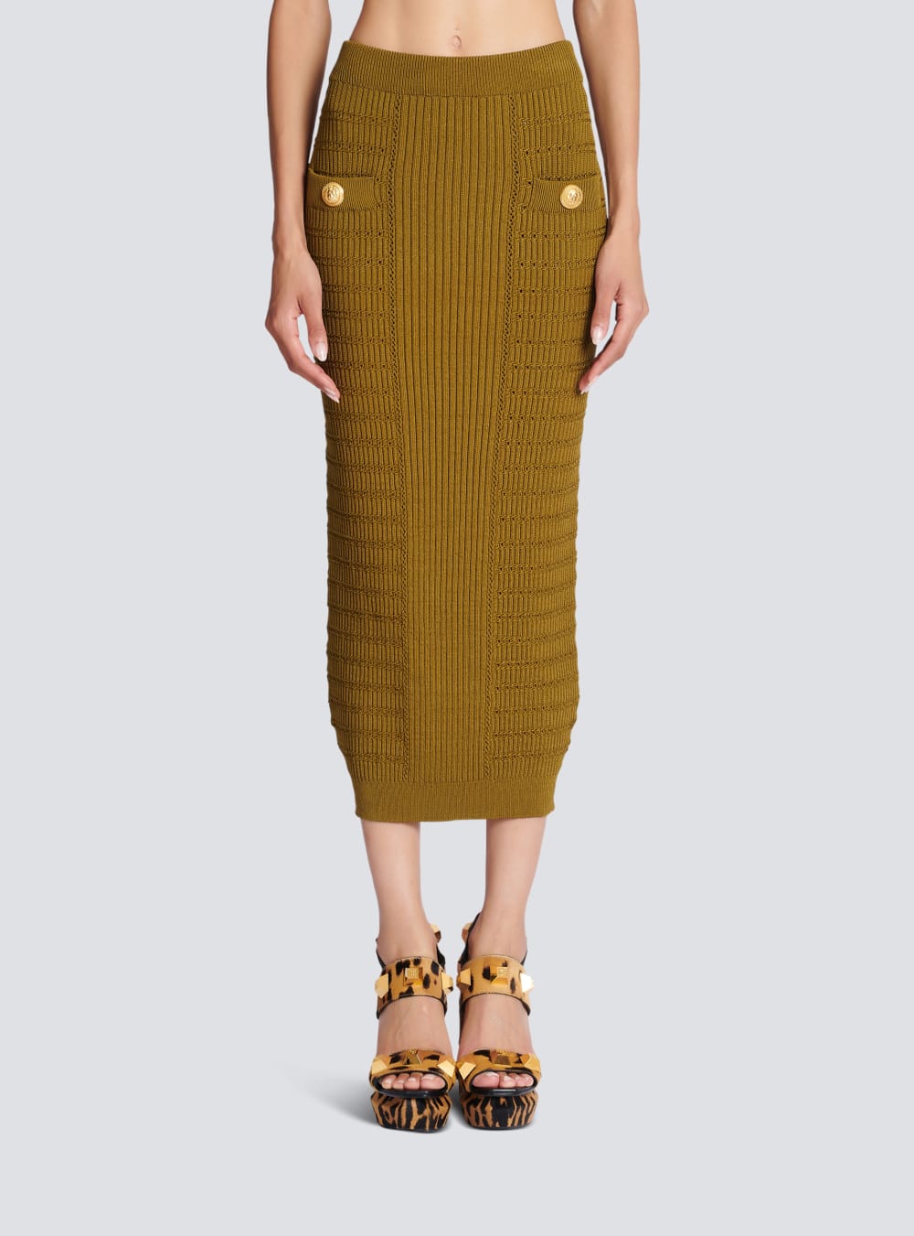 Women's Balmain Midi Knit Skirts Khaki | USA ZrNWPLzN