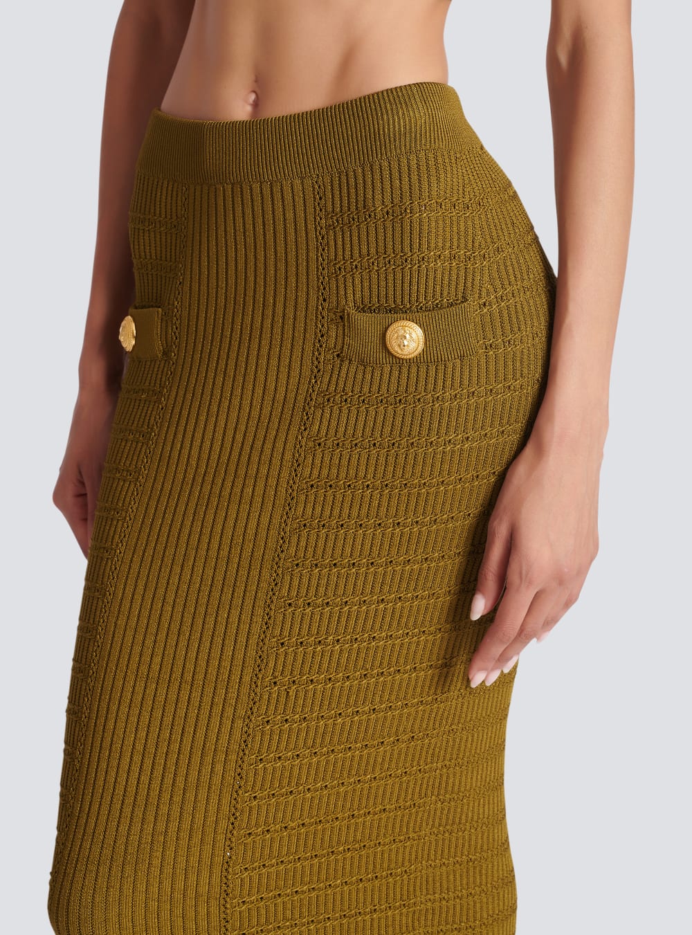 Women's Balmain Midi Knit Skirts Khaki | USA ZrNWPLzN