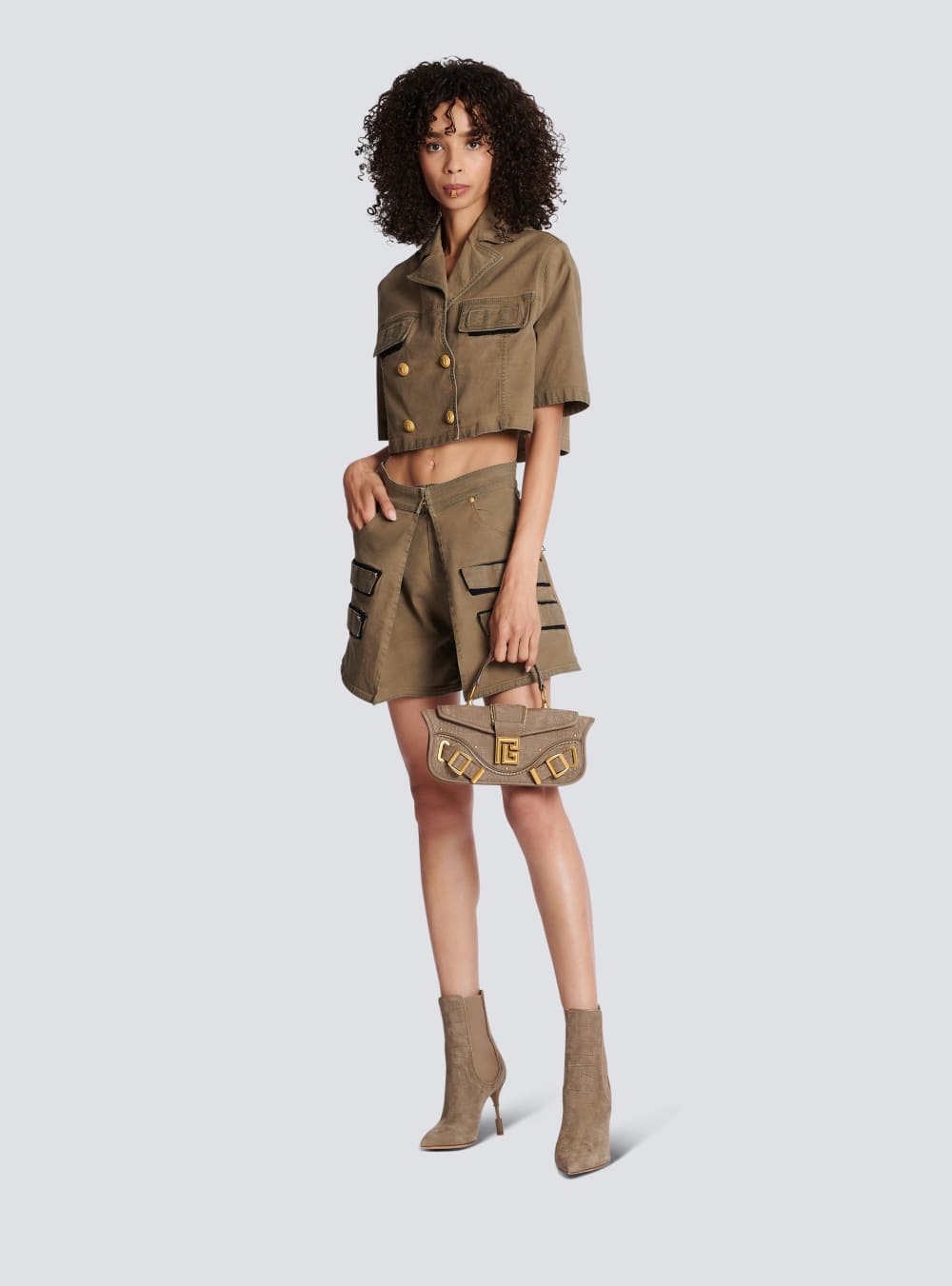 Women's Balmain Military Cotton Cropped Shirts Khaki | USA yoouxlYz