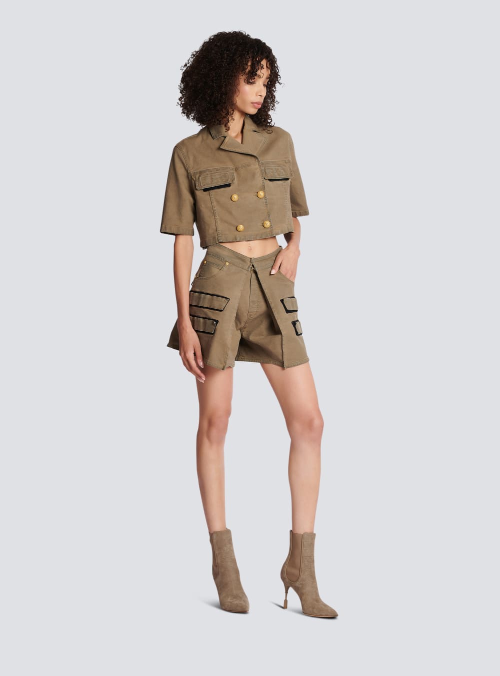 Women's Balmain Military Cotton Cropped Shirts Khaki | USA yoouxlYz