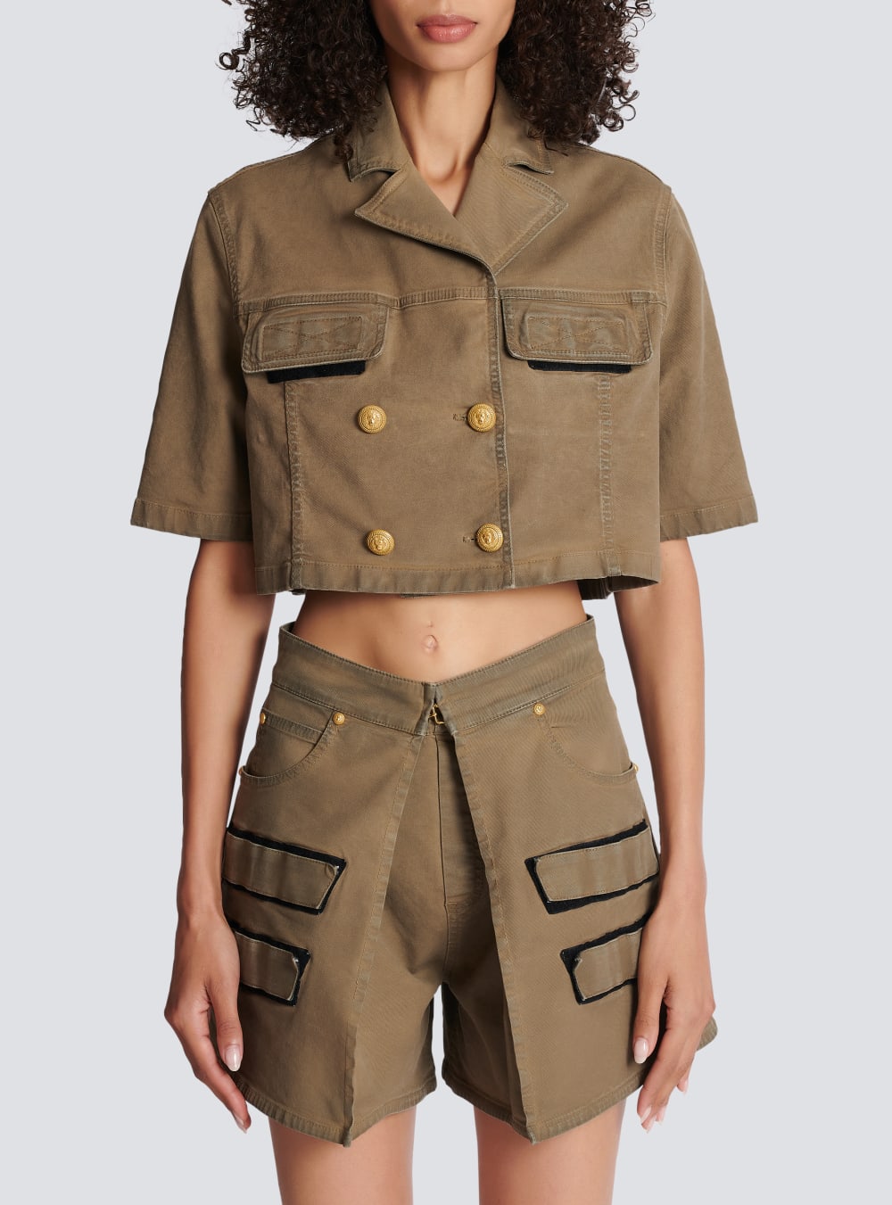 Women's Balmain Military Cotton Cropped Shirts Khaki | USA yoouxlYz