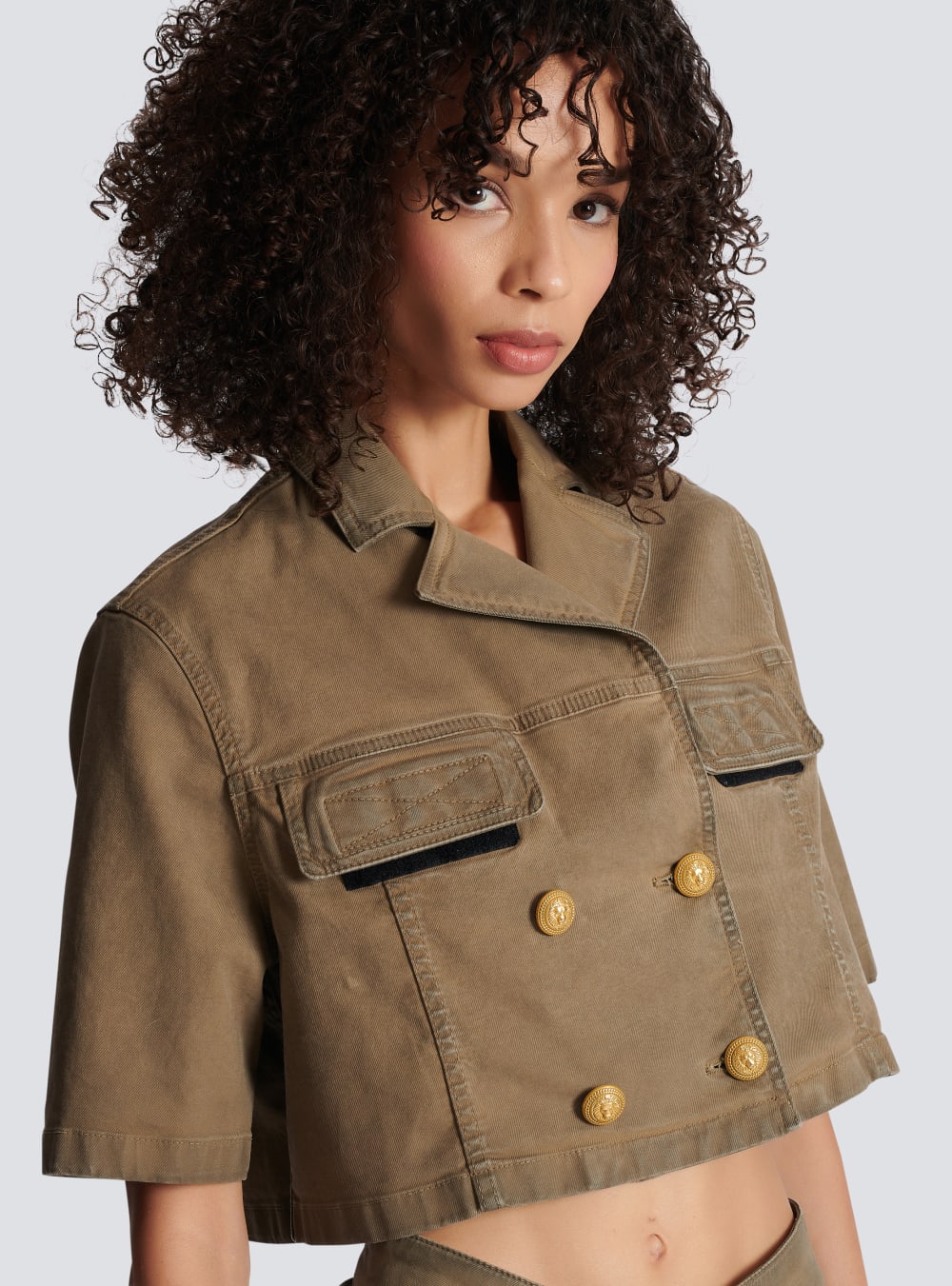 Women's Balmain Military Cotton Cropped Shirts Khaki | USA yoouxlYz