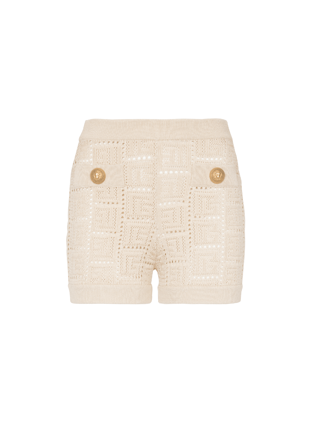 Women\'s Balmain Monogrammed Openwork Knit Mini Shorts Beige | USA BqaWpJwi