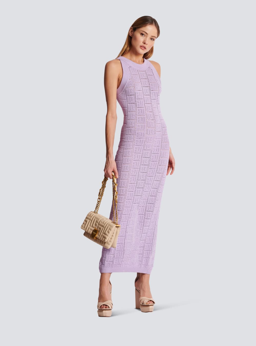 Women's Balmain Monogrammed Openwork Knit Midi Dress Purple | USA RX7Cb67h