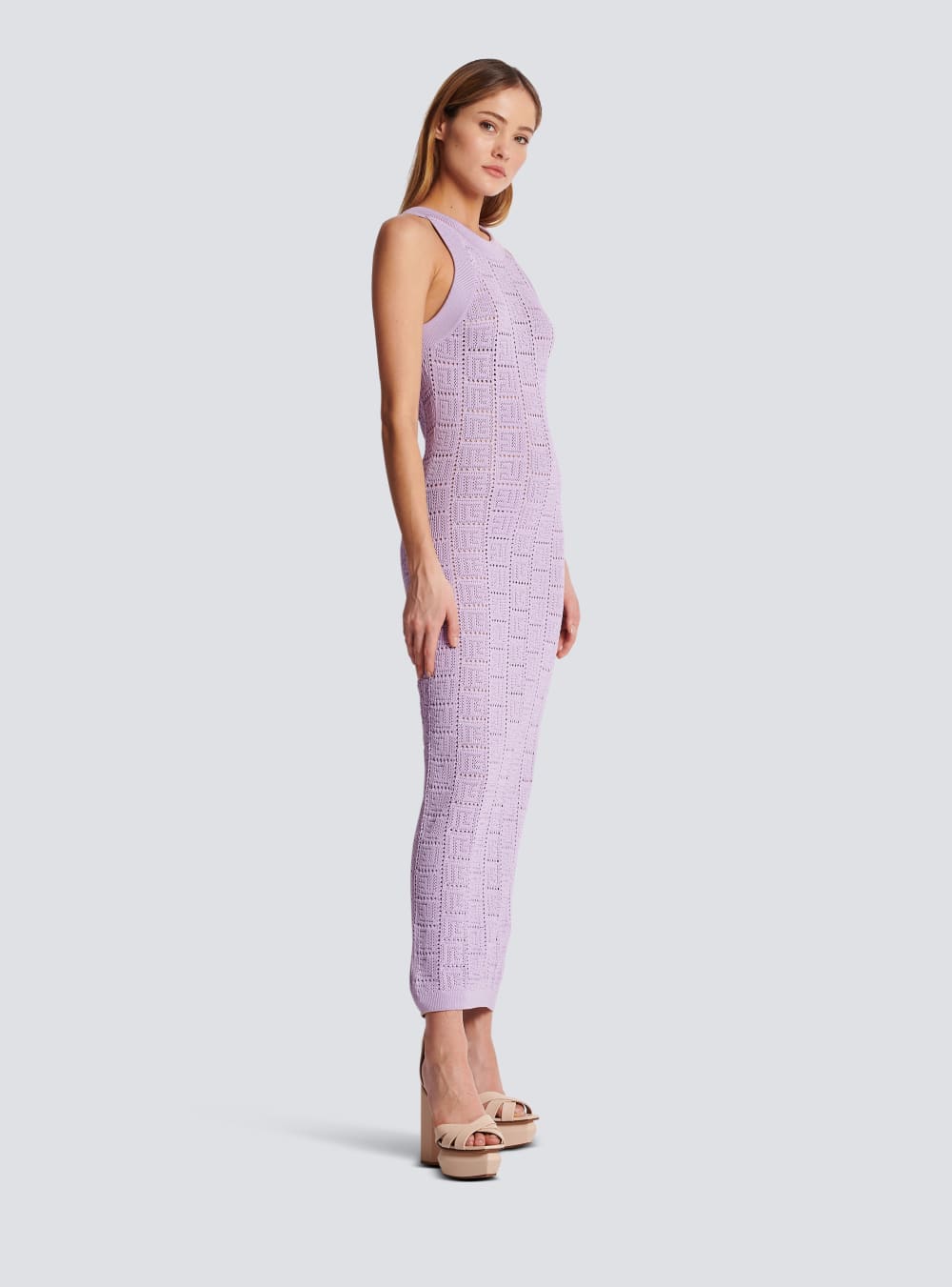 Women's Balmain Monogrammed Openwork Knit Midi Dress Purple | USA RX7Cb67h