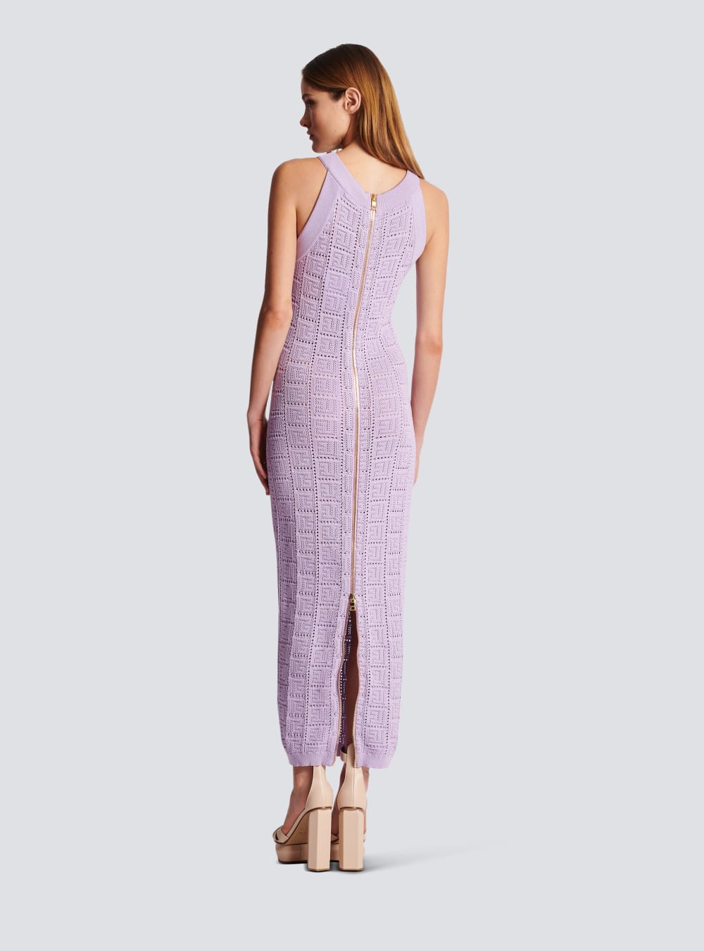 Women's Balmain Monogrammed Openwork Knit Midi Dress Purple | USA RX7Cb67h