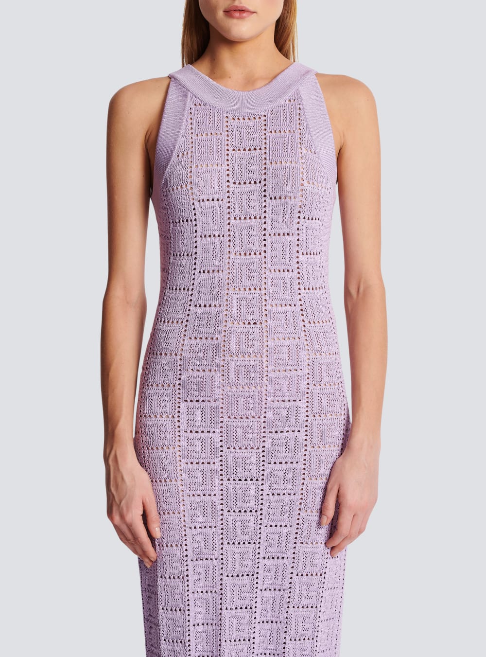 Women's Balmain Monogrammed Openwork Knit Midi Dress Purple | USA RX7Cb67h