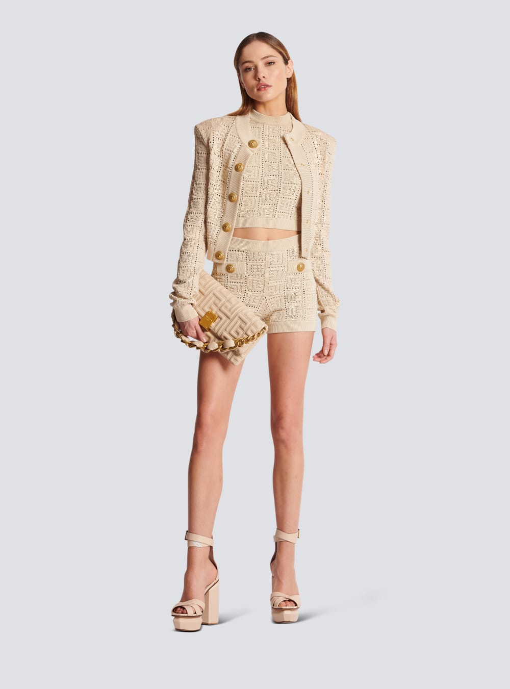 Women's Balmain Monogrammed Openwork Knit Cardigan Beige | USA d0J0By0R