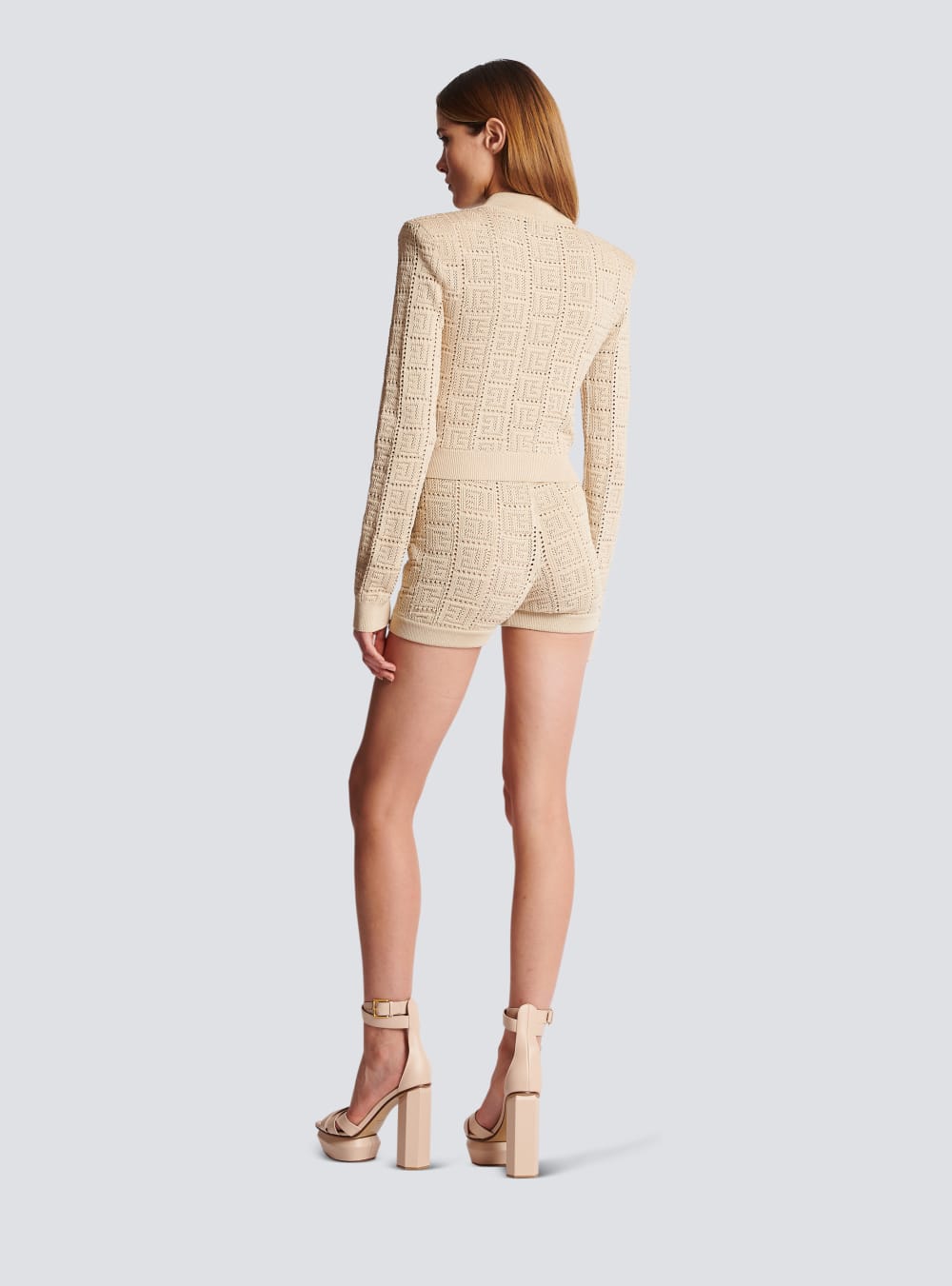 Women's Balmain Monogrammed Openwork Knit Cardigan Beige | USA d0J0By0R