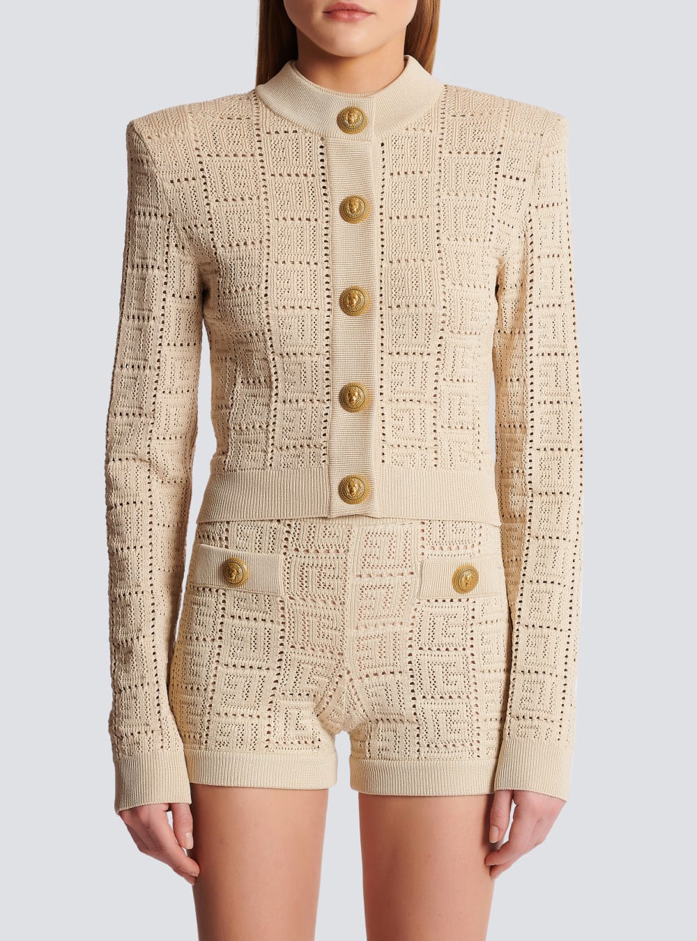 Women's Balmain Monogrammed Openwork Knit Cardigan Beige | USA d0J0By0R