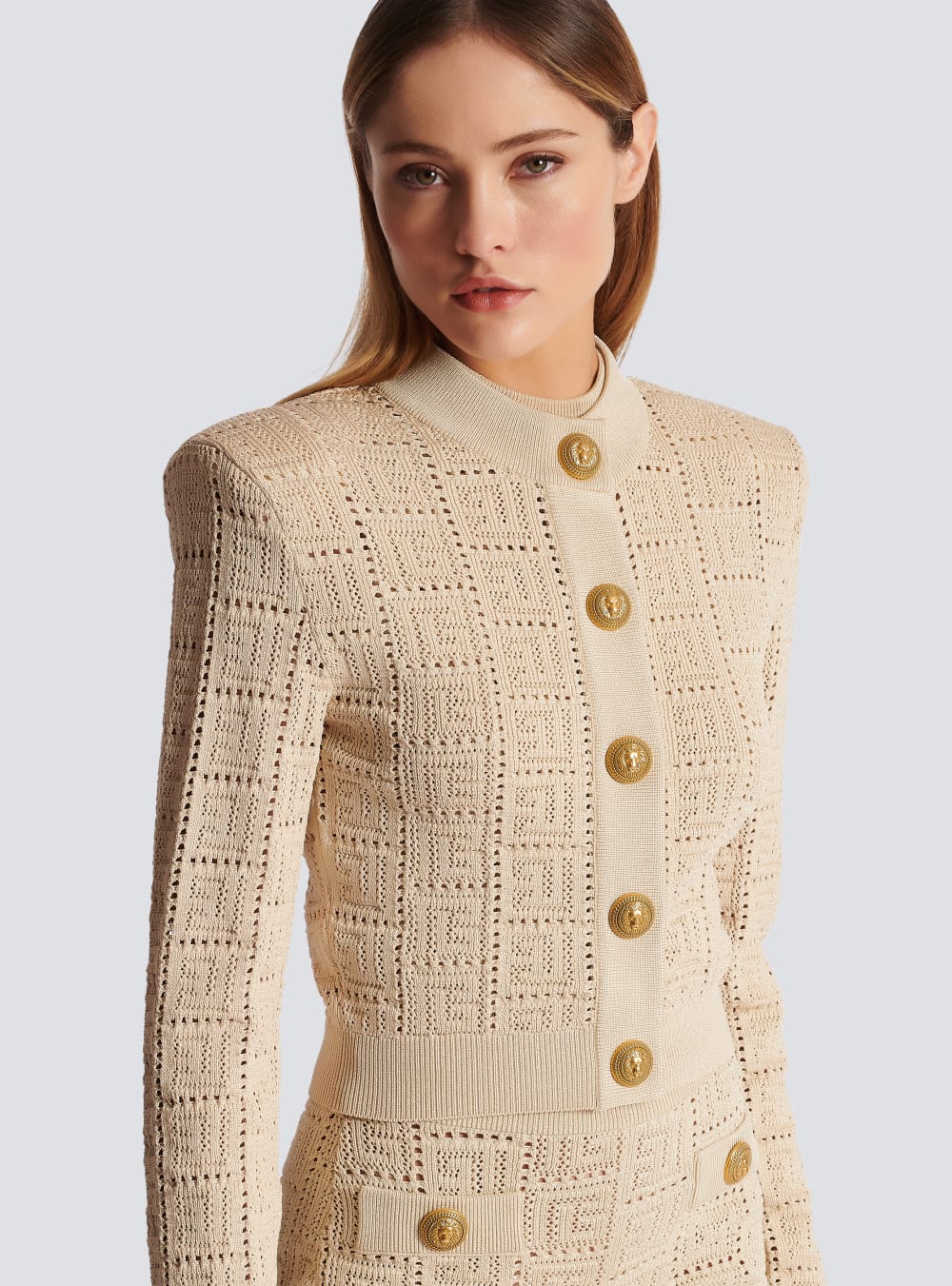 Women's Balmain Monogrammed Openwork Knit Cardigan Beige | USA d0J0By0R