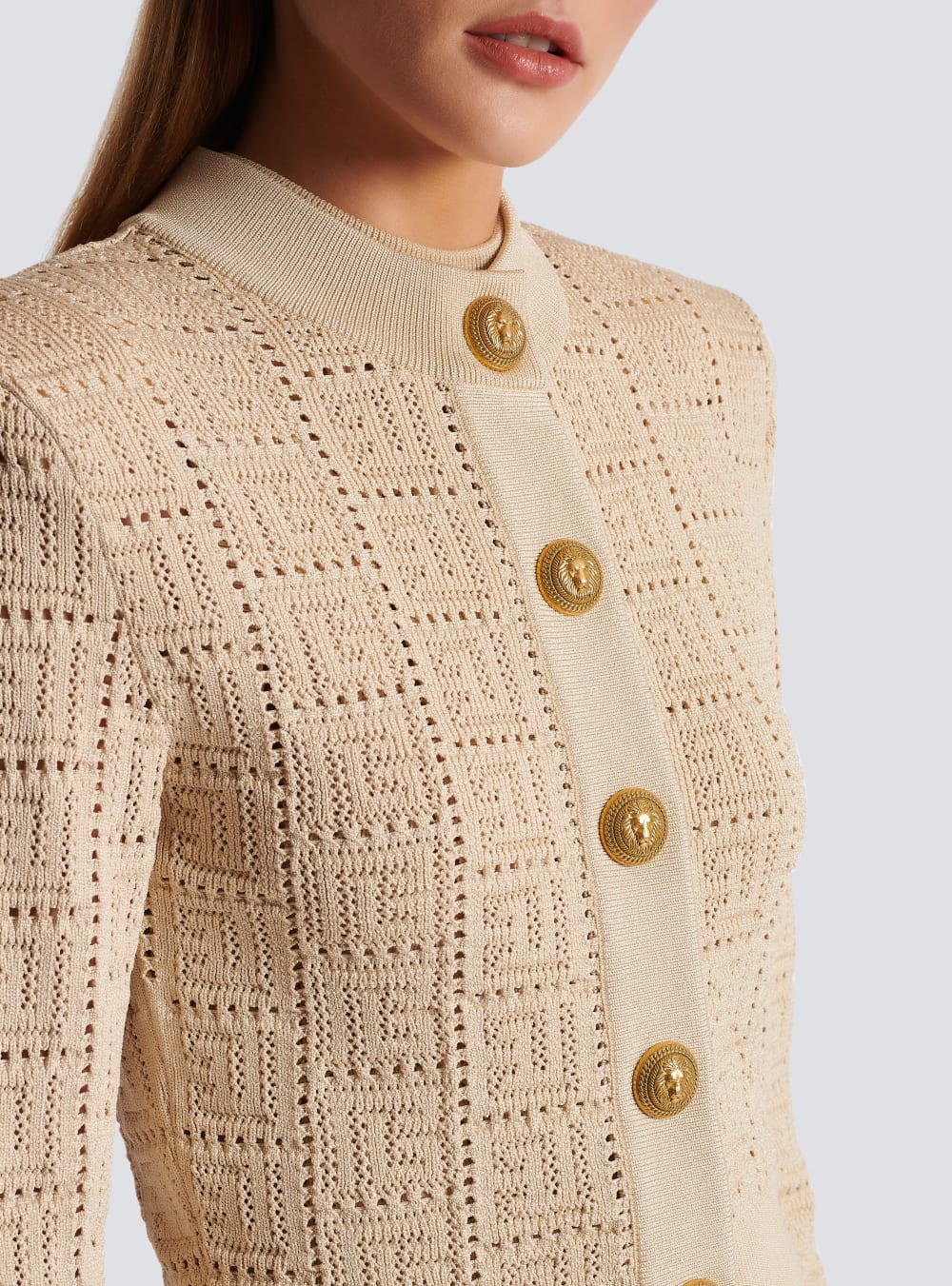 Women's Balmain Monogrammed Openwork Knit Cardigan Beige | USA d0J0By0R