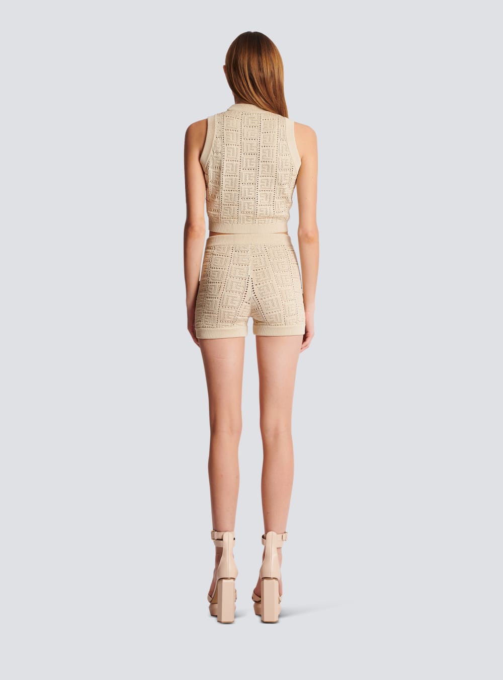 Women's Balmain Monogrammed Openwork Knit Tops Beige | USA fsiNx7ng