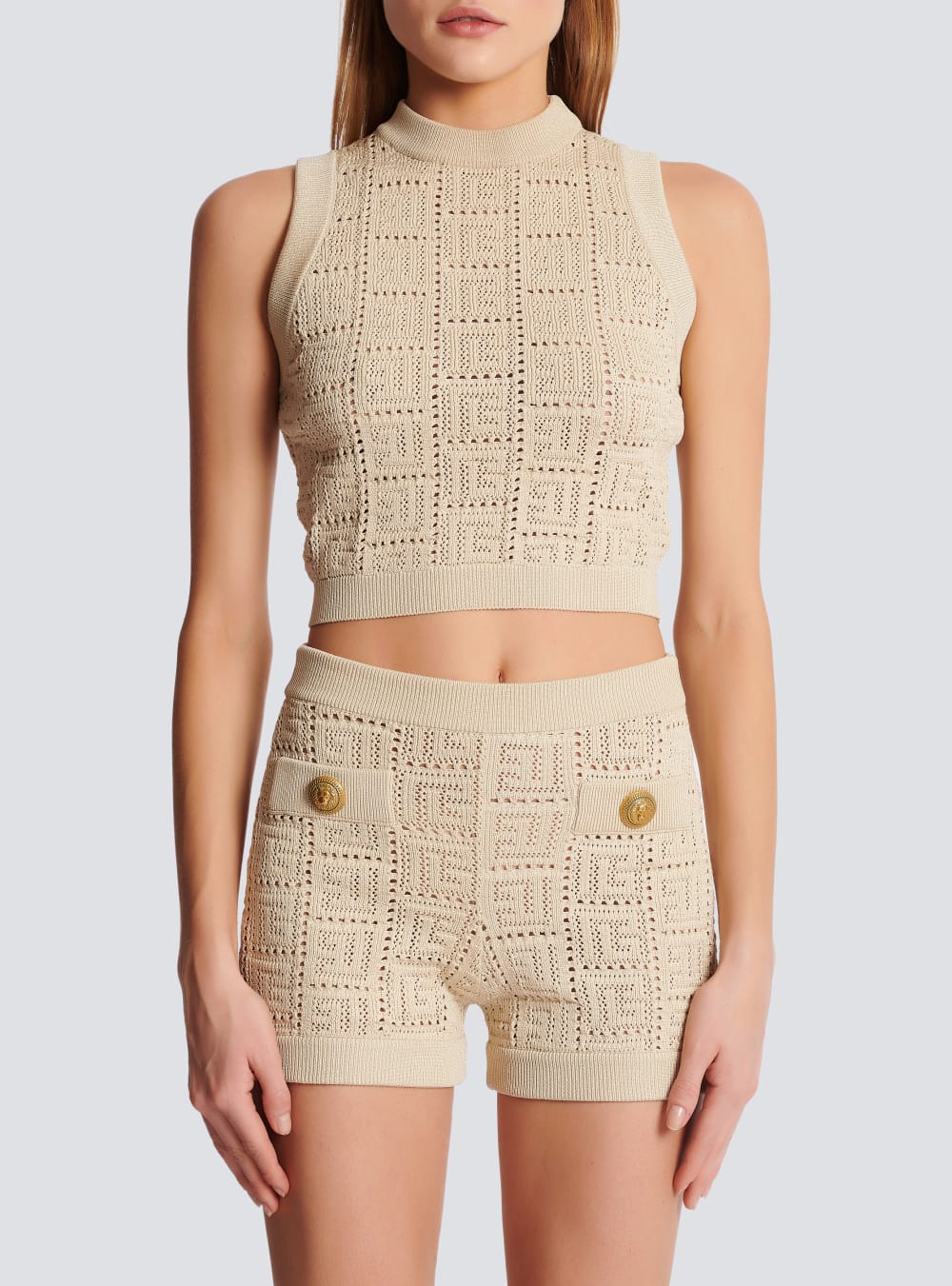 Women's Balmain Monogrammed Openwork Knit Tops Beige | USA fsiNx7ng