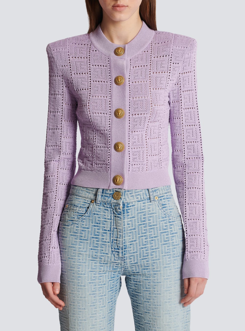 Women's Balmain Monogrammed Openwork Knit Cardigan Purple | USA vadSmmVc