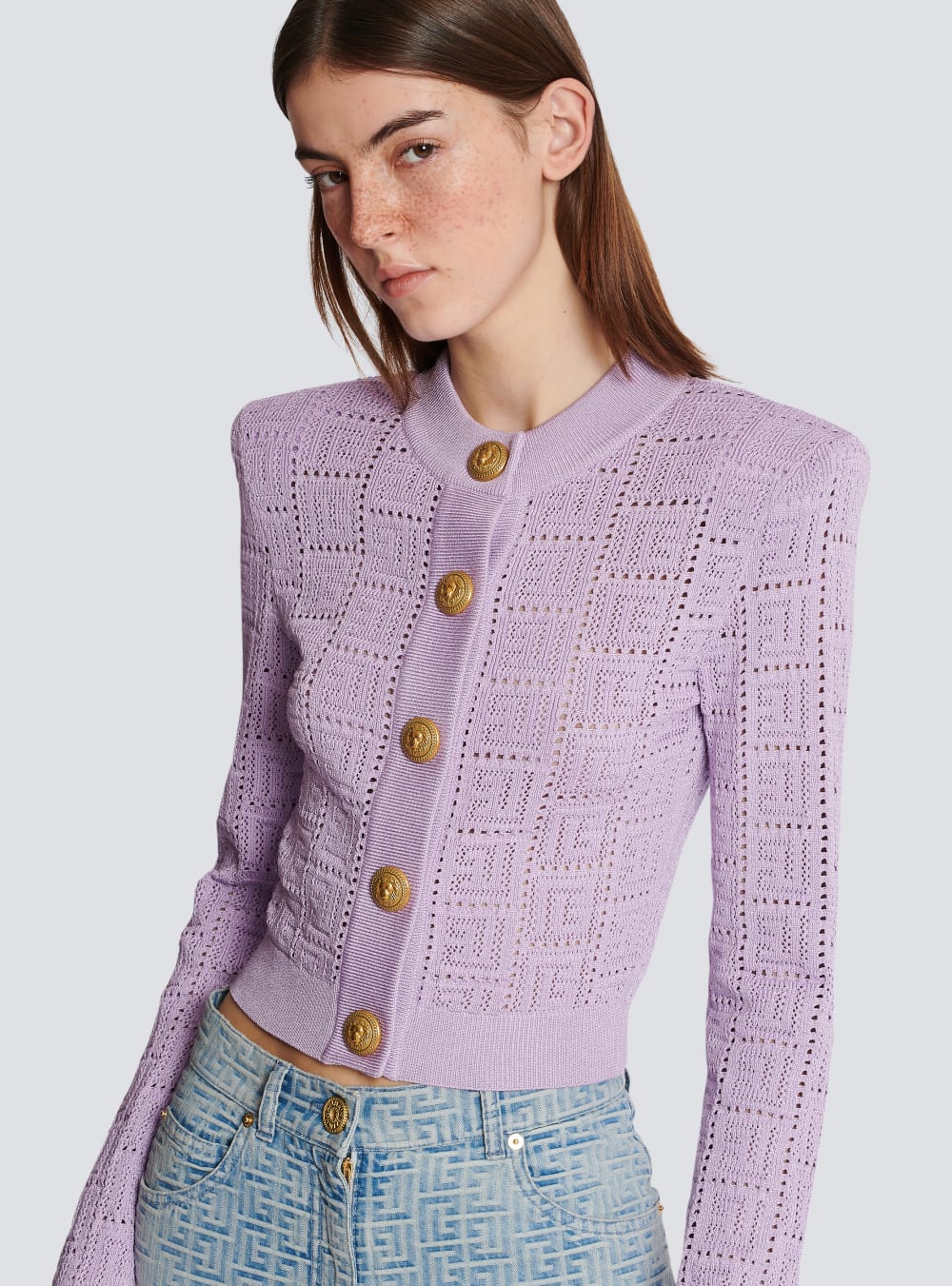 Women's Balmain Monogrammed Openwork Knit Cardigan Purple | USA vadSmmVc