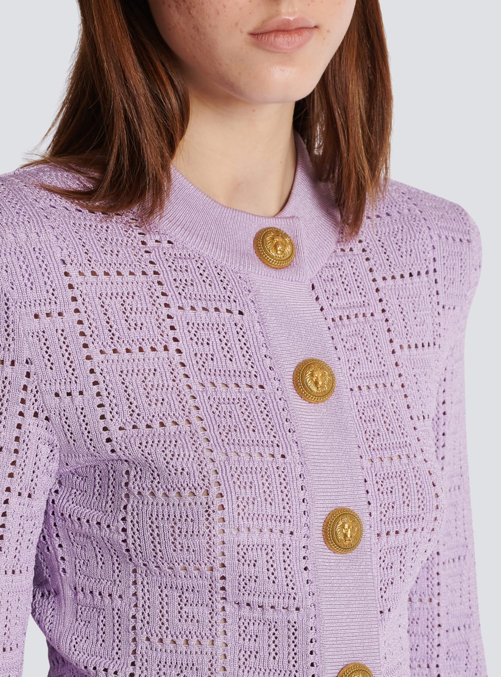 Women's Balmain Monogrammed Openwork Knit Cardigan Purple | USA vadSmmVc